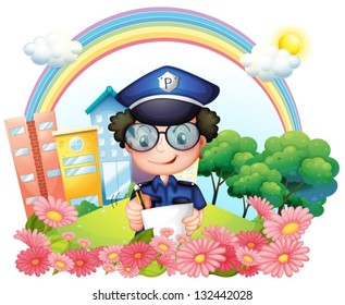 Illustration of a policeman writing near the flowers on a white background