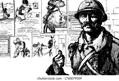 An Illustration Of The Political Cartoon Of France At War, With A Soldier In Front, Pointing His Thumb Finger On Few Cartoons Displayed At The Back Of Him, Vintage Line Drawing Or Engraving.