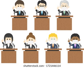 Illustration of a politician issuing a declaration of emergency.