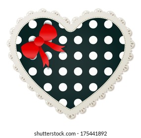 Illustration of a polka dot sewing patch lined with a lace trim and accented with a small red bow. Eps 10 Vector.