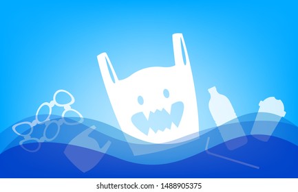 illustration polluted from bag plastic waste in the sea, plastic free concept for copy space, flat cartoon plastic garbage in ocean sea, marine pollution and plastic waste underwater, river pollution