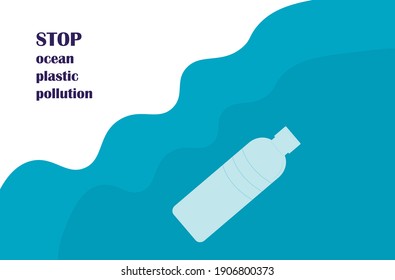 illustration of a polluted ocean. vector banner calling for less plastic. plastic bottle in water. plastic debris at depth