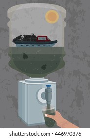 Illustration of pollution of potable water with individual and industrial waste - a boat is carrying trash on the water