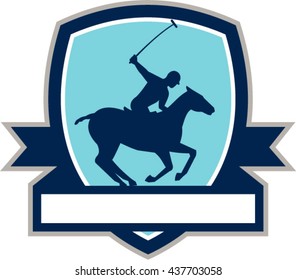 Illustration of a polo player riding horse with polo stick mallet viewed from the side set inside shield crest with ribbon on isolated background done in retro style  