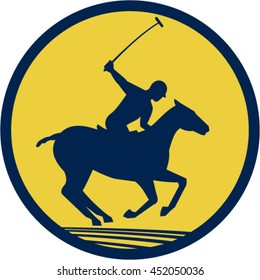 Illustration of a polo player riding horse with polo stick mallet viewed from the side set inside circle on isolated background done in retro style  