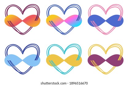 Illustration of a polyamorous heart symbol with an infinity sign. A set of signs in different colors. Simple cute style. The drawing is isolated on a white background.