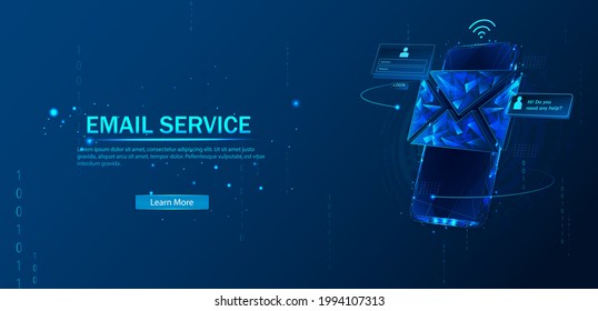 Illustration of the polygon vector of the email service. The concept of email messages as part of business marketing.Laptop with an envelope, open the email and message on the screen.