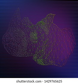 Illustration polygonal color line 3D of rhino with deep blue violet background.