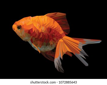 Illustration polygonal drawing of golden fish in black background.