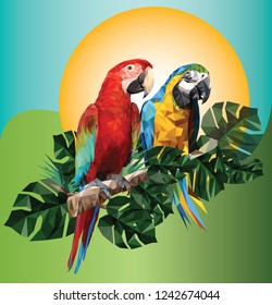 Illustration polygonal drawing of green wing and blue and gold macaw birds with tropical leaf.