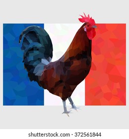 Illustration of polygonal gallic rooster on a french flag background. Symbol of France le Coq Gaulois on triangle low polygon tricolor. Fully editable colorful image for use as a poster or emblem.