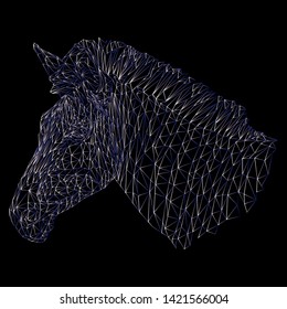 Illustration polygonal line vector 3d art of zebra head portrait with dark background.