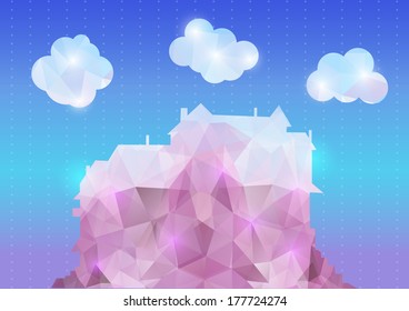 Illustration of polygonal mosaic house with clouds and background in lilac, blue and white colors