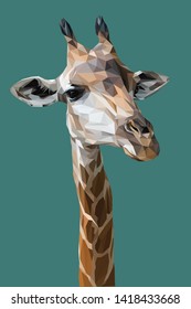 Illustration polygonal vector 3d art of giraffe head portrait with color background.