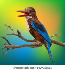 Illustration polygonal  of white throated kingfisher bird  with bright yellow green background.