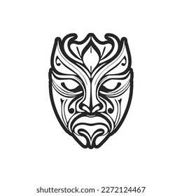 Illustration of Polynesian mask tattoo in black and white vector format.