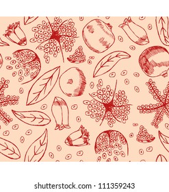 Illustration of pomegranate and it's elements, creating a beautiful seamless pattern for your design project.