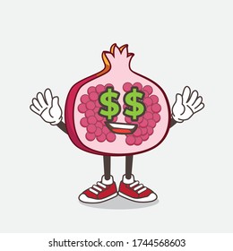 An illustration of Pomegranate Fruit cartoon mascot character with money symbol on eyes