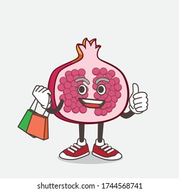 An illustration of Pomegranate Fruit cartoon mascot character waving and holding Shopping bags