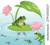 Illustration of a pond with animals and plants.Vector illustration of a pond with animals and plants on a colored background.