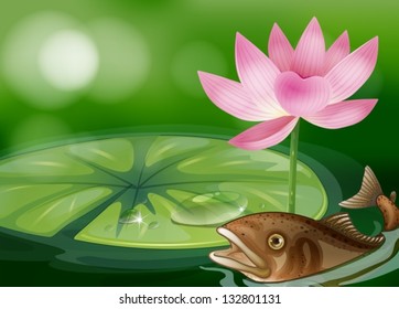 Illustration of a pond with a fish, a waterlily and a flower