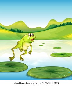 Illustration of a pond with a frog jumping