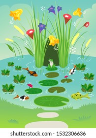 Illustration of a Pond Full of Pond Lilies, Grasses, Flowers with Fish and a Frog