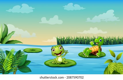 Illustration of a pond scene with frog and turtle sits on the lotus