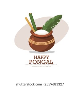 Illustration of Pongal with elegant greeting card design featuring a pot and banana leaf decor.