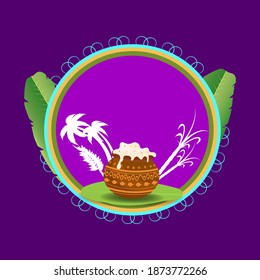 Illustration Of Pongali Rice In Mud Pot With Banana Leaves, Coconut Or Palm Trees, Sugarcane And Wheat Ear On Purple Background.