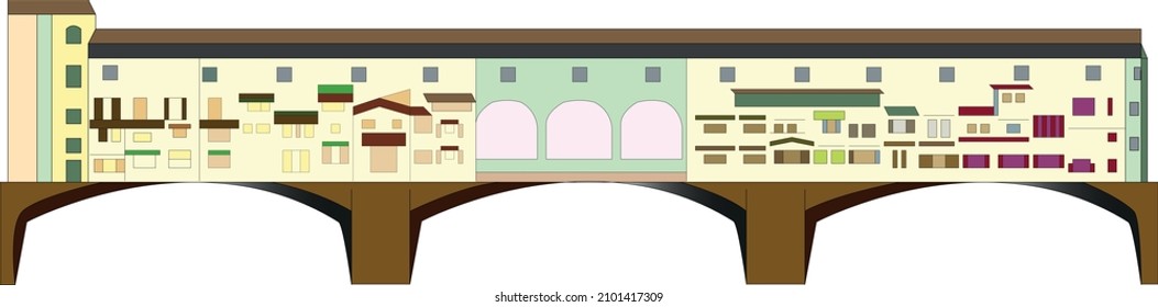 Illustration of the Ponte Vecchio in Florence Italy, which crosses the Arno River with its goldsmith shops