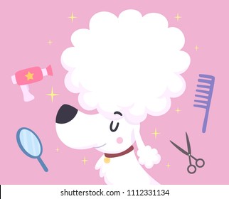 Illustration of a Poodle Dog with Scissors, Mirror, Comb, Hair Blower and Space for Text