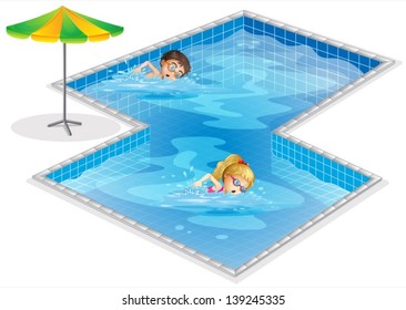 Illustration of a pool with a boy and a girl swimming on a white background