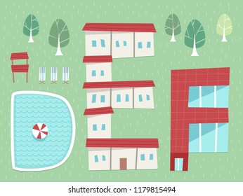 Illustration of a Pool and Building Forming DEF Architecture Lettering Design