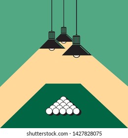 illustration of pool table with billiard balls and ceiling lamps