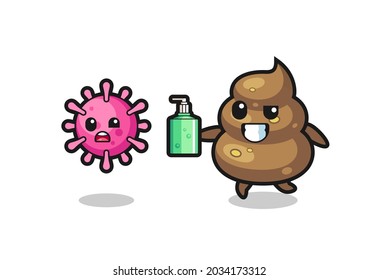 ilustración de caracter de poop persiguiendo virus malvados con sanitizer de manos , diseño de estilo lindo para camiseta, pegatina, elemento logo
