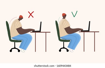 Illustration of poor and good postures during everyday computer work. Afro-american man is incorrect and correct sitting at the working place. You can use in card, banner, brochur and print. Vector 