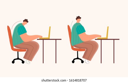 Illustration of poor and good postures during everyday computer work. Caucasian man is incorrect and correct sitting at the working place. You can use in card, banner, brochur and print. Vector illust