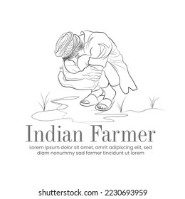 An illustration of poor man, A farmer sitting in dry field, Vector drawing of Indian farmer