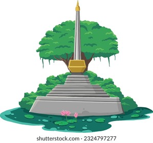 illustration of the poor monument with a pond underneath and a banyan tree behind it