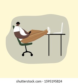 Illustration of poor posture during everyday computer work. Afro-american man is incorrect sitting at the working place. You can use in card, banner, brochur and print. Vector illustration