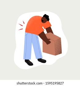 Illustration of poor posture during everyday people activities. Afro-american man picks up a box. You can use in card, banner, brochur and print. Vector illustration