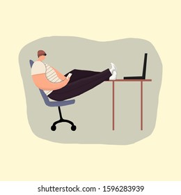 Illustration of poor posture during everyday computer work. Young man is incorrect sitting at the working place. You can use in card, banner, brochure and print. Vector illustration