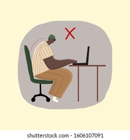 Illustration of poor posture during everyday computer work. African-american man is incorrect sitting at the working place. You can use in card, banner, brochur and print. Vector