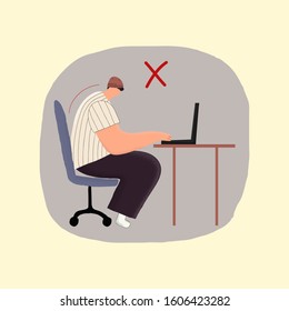 Illustration of poor posture during everyday computer work. Young man is incorrect sitting at the working place. You can use in card, banner, brochur and print. Vector illustration