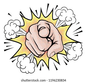 An illustration of a pop art comic book halftone pointing cartoon hand with explosion