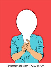 Illustration in pop art style of caucasian man with blank nameplate, idea concept