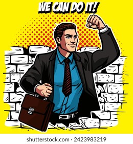 Illustration pop art style of we can do it , energetic office workers