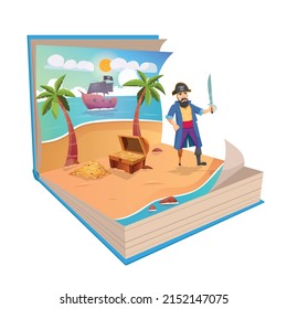 Illustration of a Pop Up Book about Pirate composition with island landscape human character with treasure chest