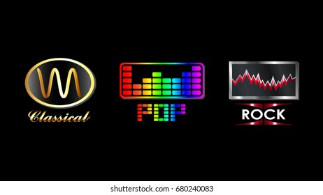 An illustration of pop of classical, pop and rock music genre logos.